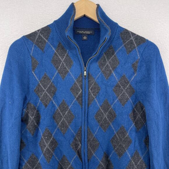 BANANA REPUBLIC Sweater Mens S Cardigan Extra Fine Wool Argyle Full Zip Blue - Picture 1 of 13